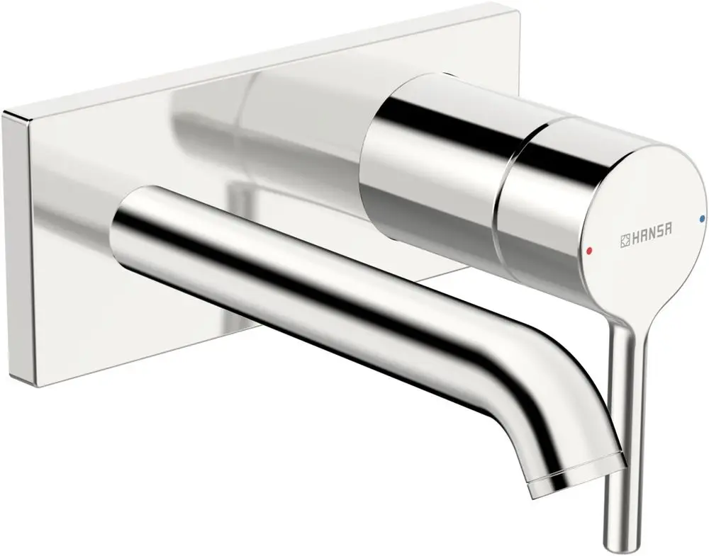 Wandmontierte HANSAVANTIS Wasserarmatur mit einem einzelnen Hebel und einem langen, gebogenen Auslauf in glänzendem Chrom-Finish.
